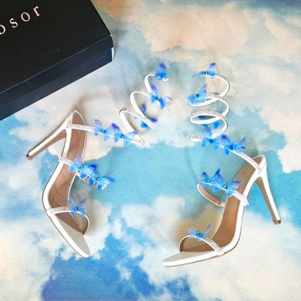 Butterfly Heels White & Light Blue Butterfly Rhinestone Spiral White Heel Formal